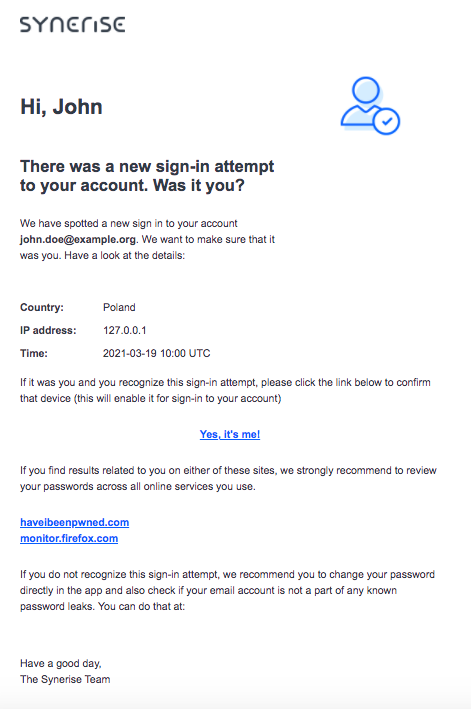 Confirmation of sign in from unknown device template 