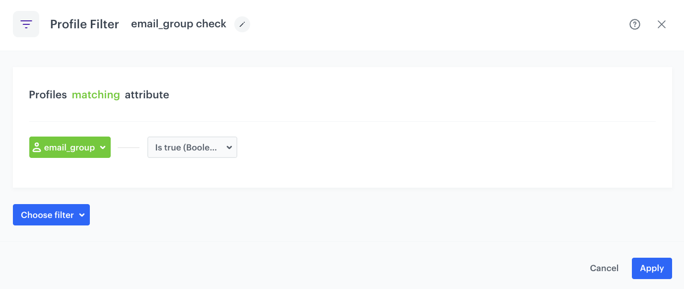 Automation Hub Profile Filter node checking if email_group attribute is assigned to the customer