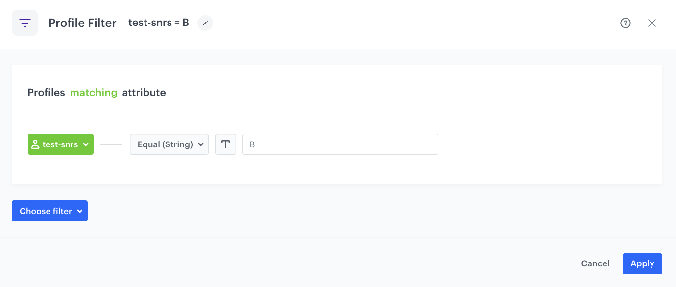 Automation Hub Profile Filter node checking test-snrs attribute equals B