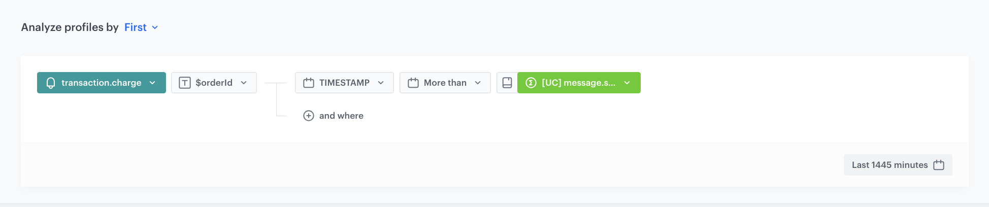 Decision Hub First aggregate returning the $orderId of the first transaction.charge event that occurred after the abandoned cart email was sent in the last 1455 minutes