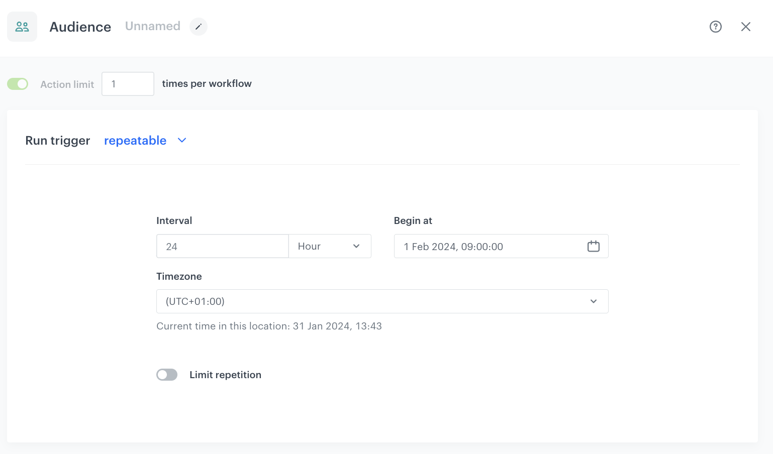 Automation Hub Audience node configuration with repeatable run trigger set to every 24 hours