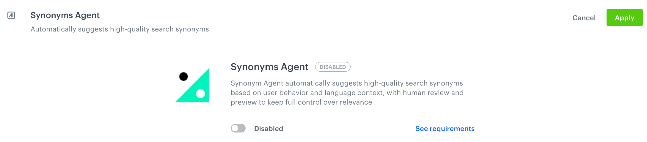 Synonyms Agent settings section showing the agent in a disabled state