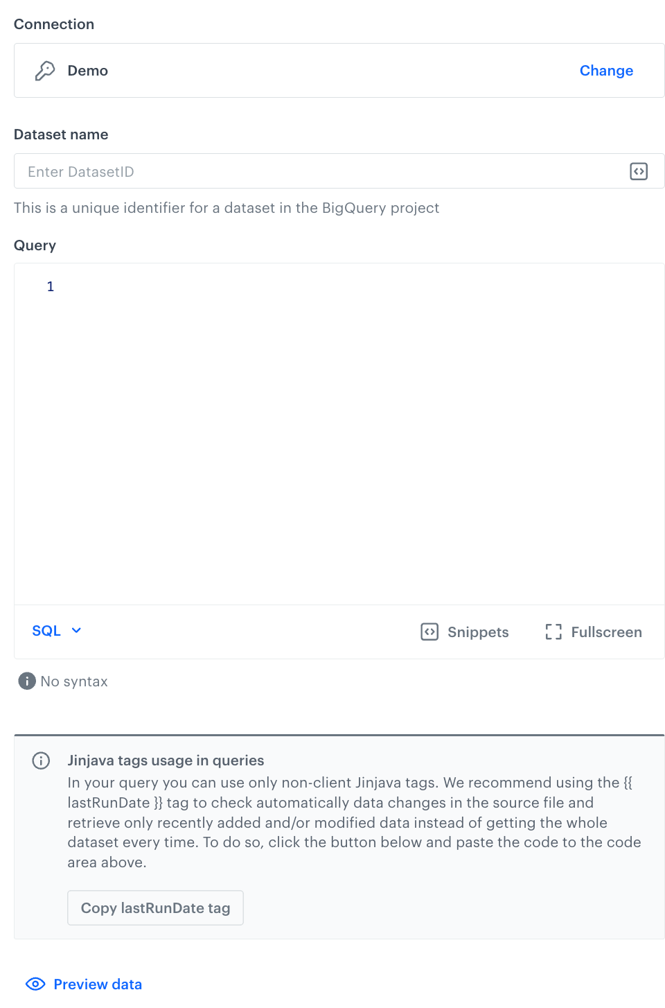 A blank configuration form in Get Data - Reverse ETL (Google BigQuery)