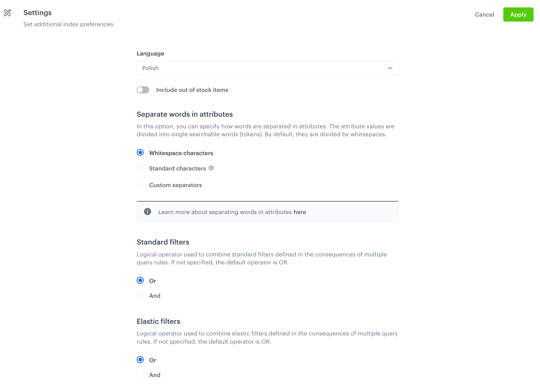 The configuration of settings in AI Search