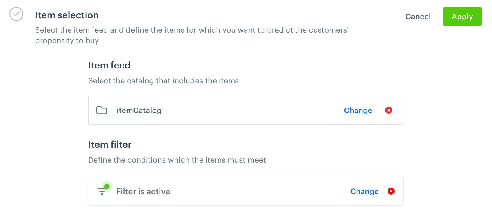 The Item selection view after configuring the filters