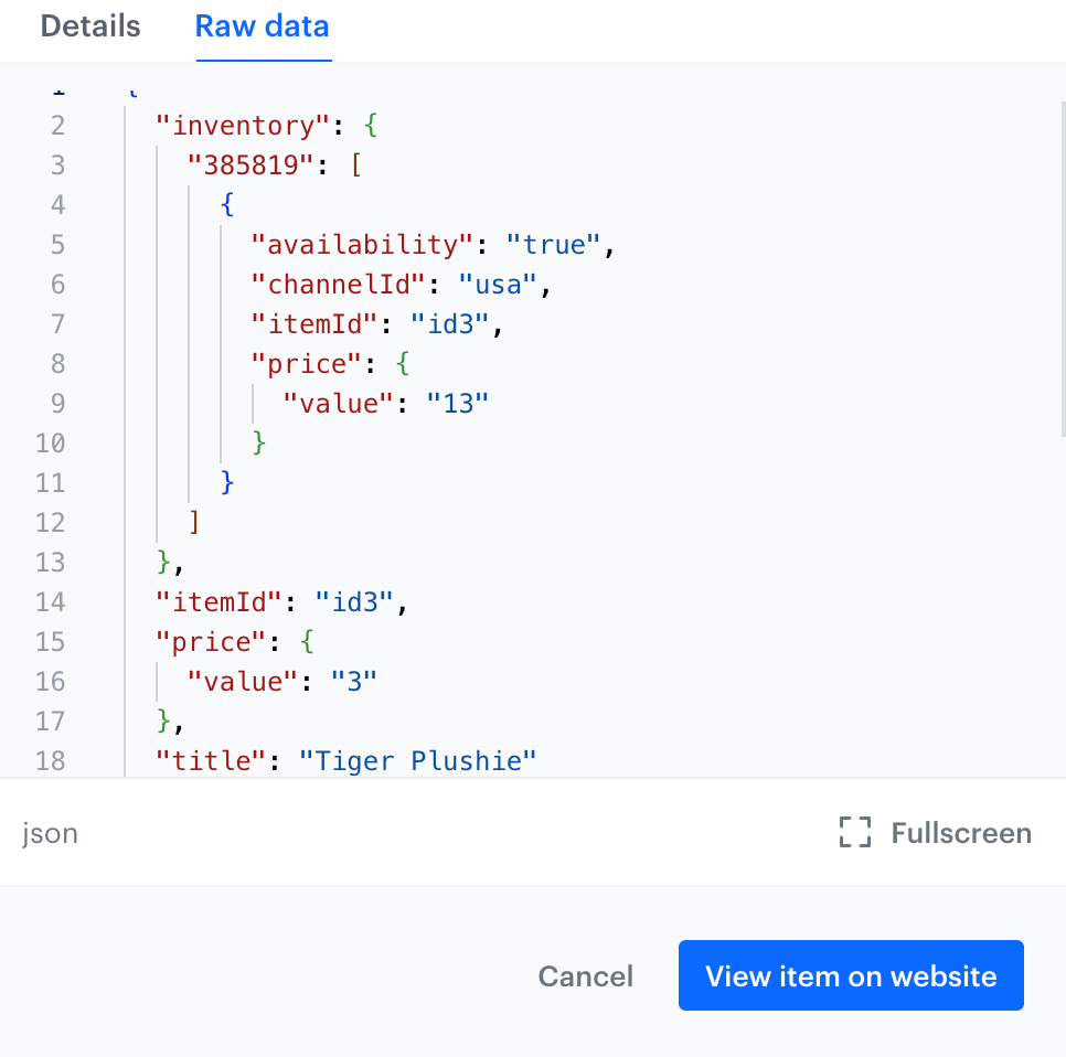The Raw data tab presents information about an item sourced from the supplemental catalog
