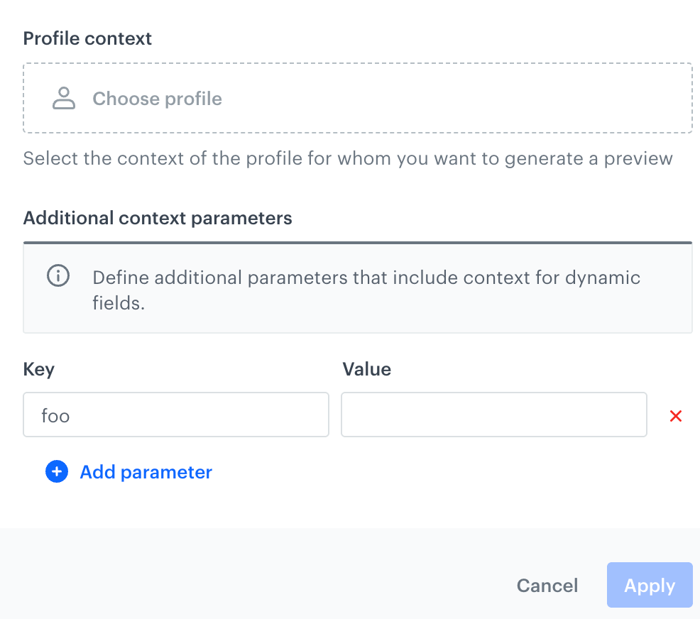 A form for defining the profile for whom the preview will be generated and additional parameters from the request body