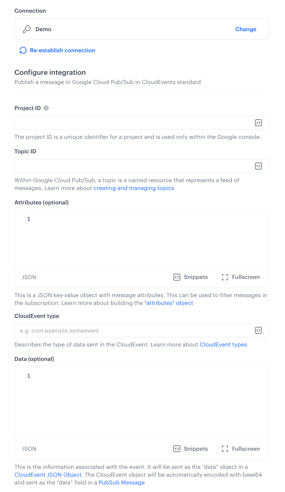 A blank configuration form in the Publish Message node