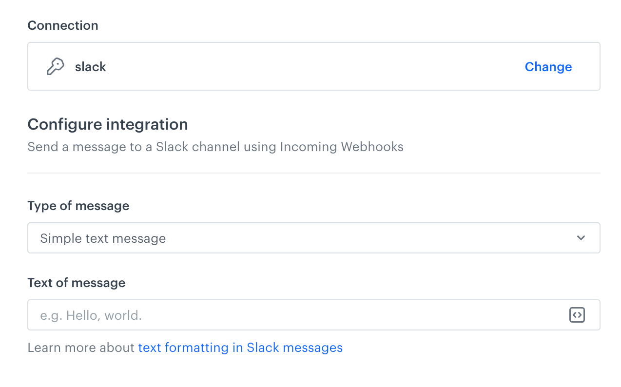 A blank configuration form in Send message to channel node (Slack)