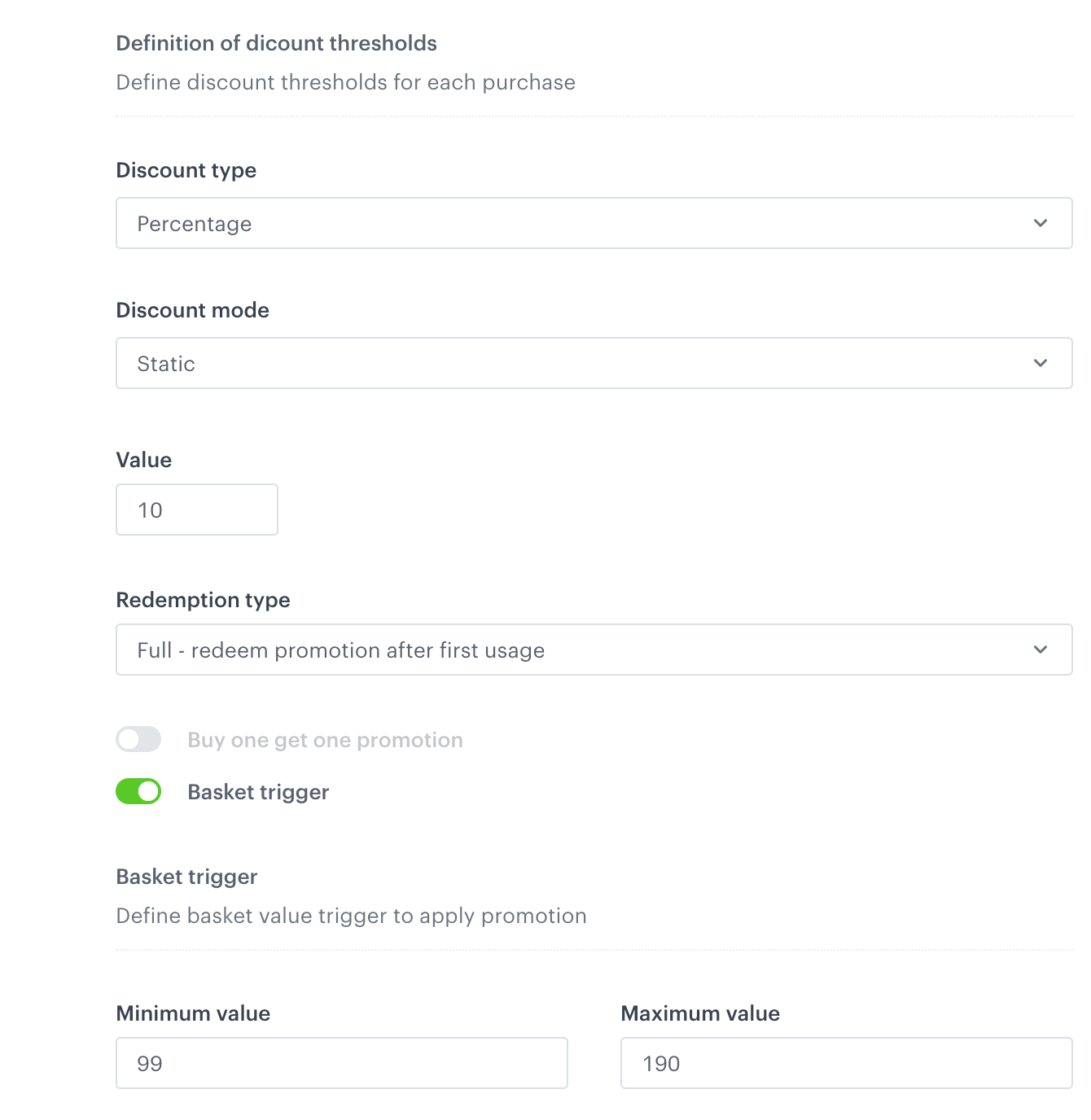 Example configuration of basket triggered promotion