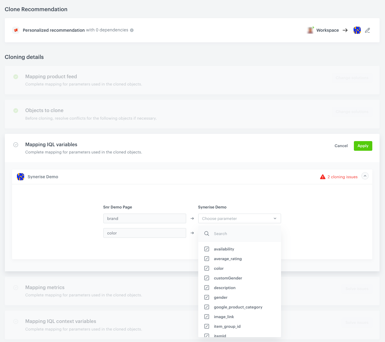 Mapping attributes used in the recommendation filter