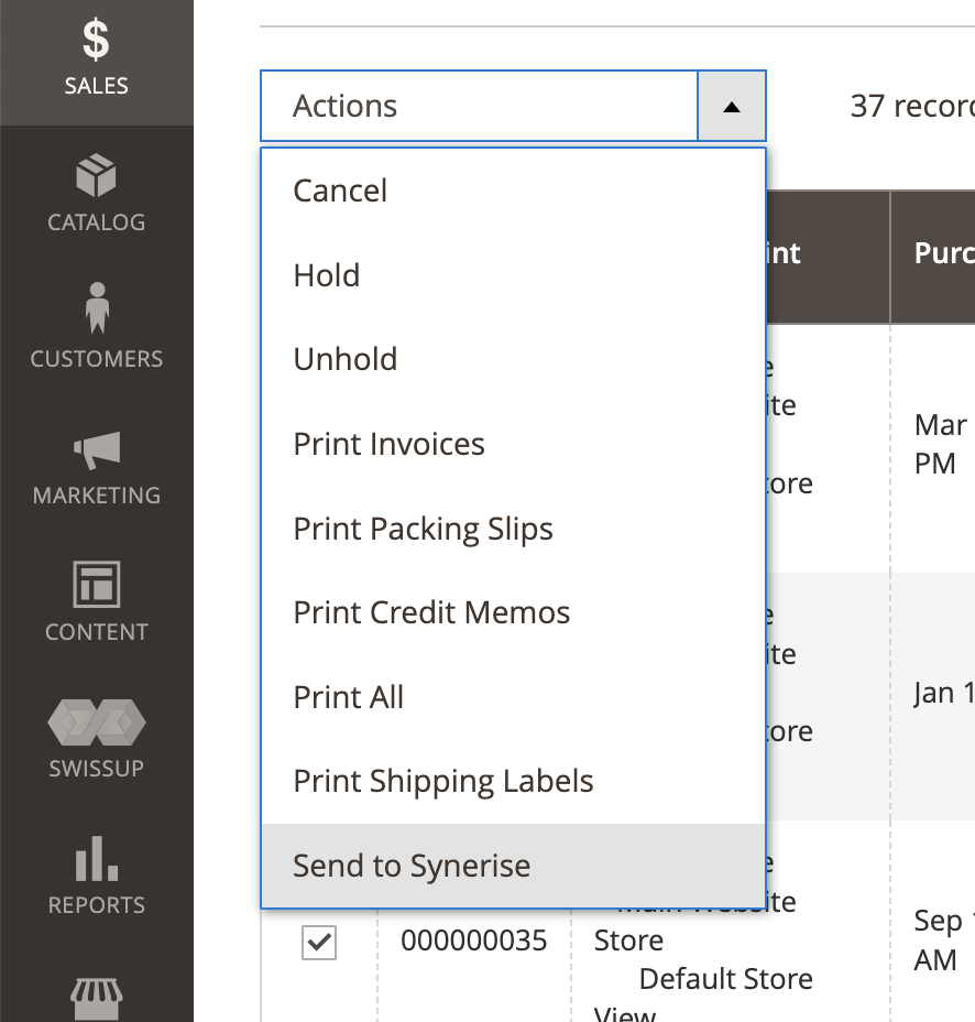 The Actions dropdown
