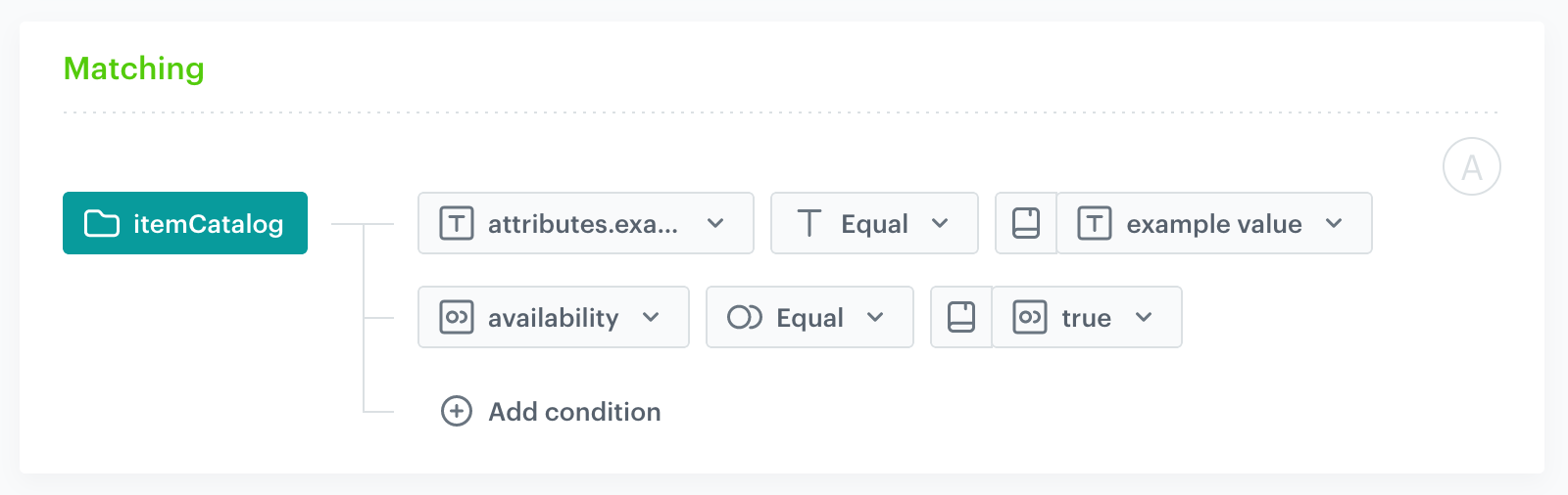 Screenshot: filter matches items with an attribute and the items must be available