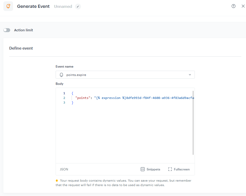 The view of the generate event node configuration