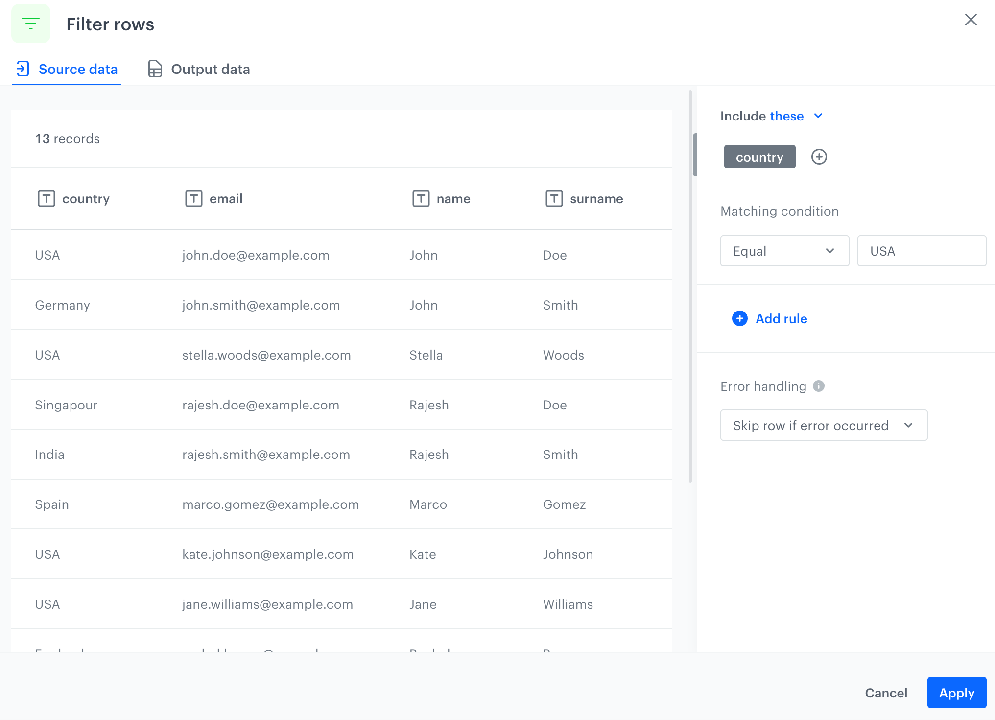 The configuration of the Filter rows node