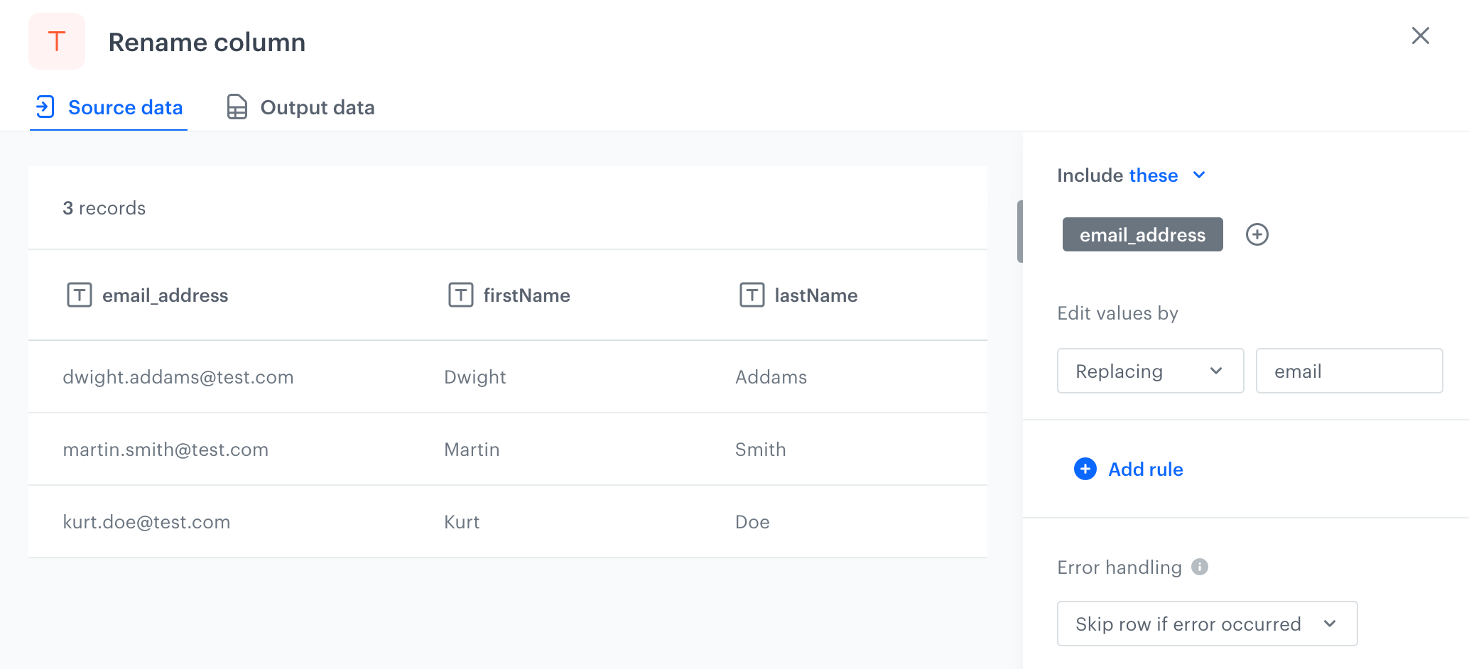 Data transformation configuration in Automation Hub showing a Rename Column node changing the email_address column header to email