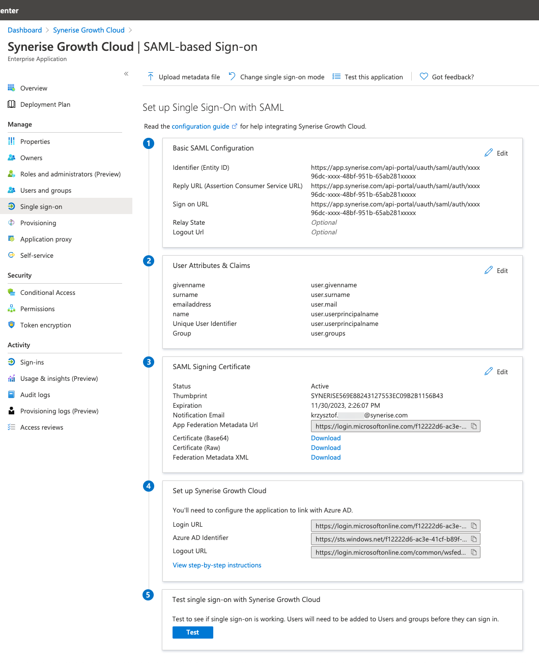 Microsoft Azure portal showing SAML single sign-on configuration for Synerise application