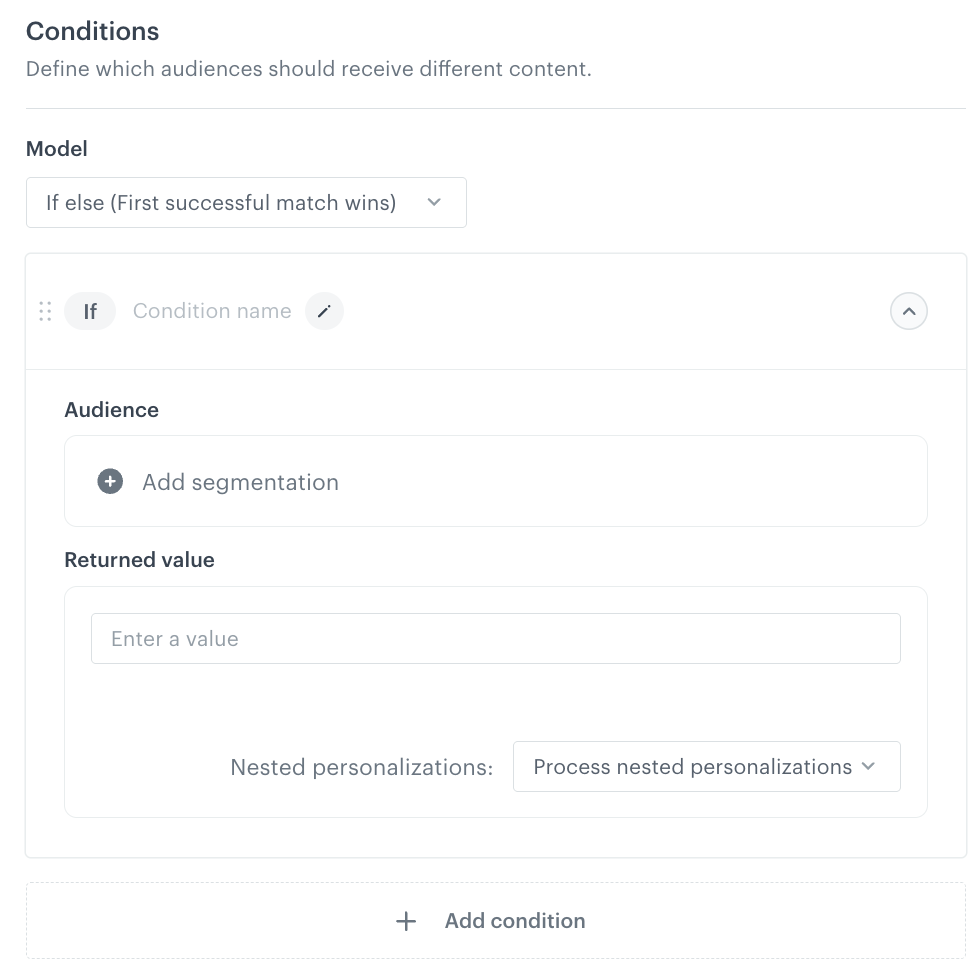 An expanded condition block with an Audience section and a Returned value section
