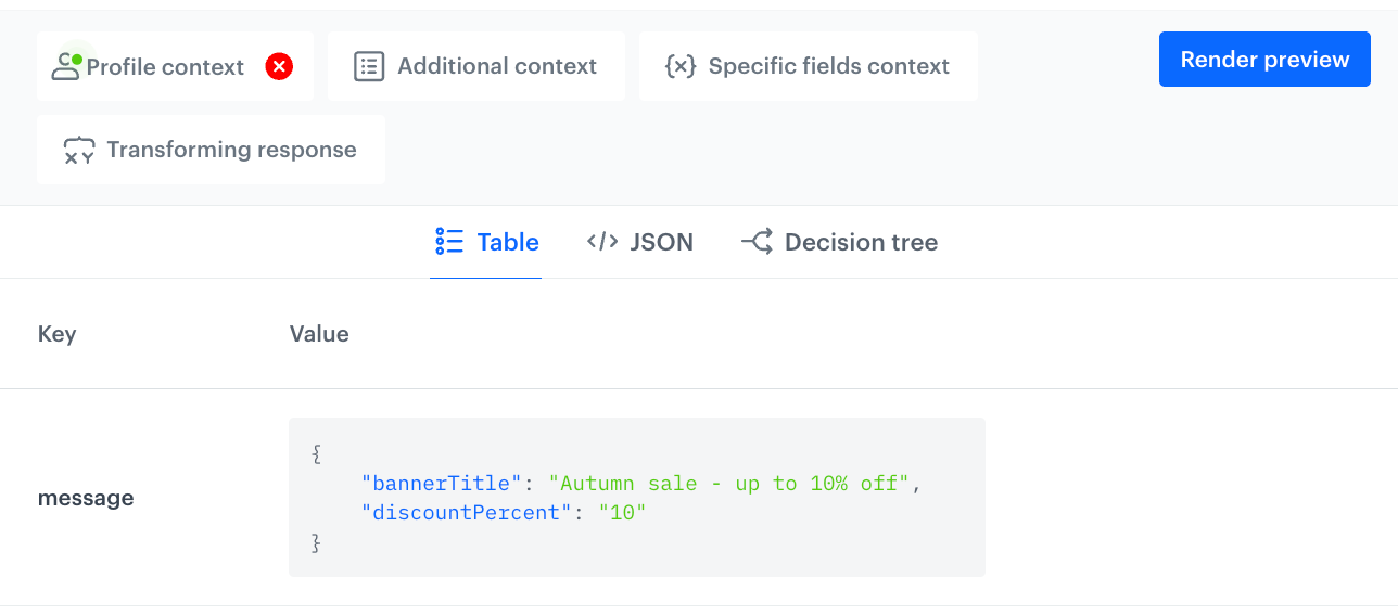 Preview with a profile that doesn't belong to the VIP audience segmentation selected on the Profile context tab. The message field returns bannerTitle Autumn sale - up to 10% off and discountPercent 10