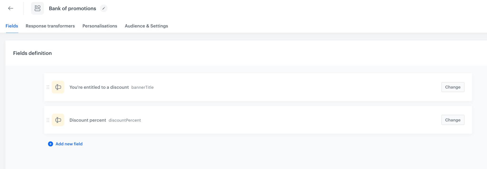 The Fields tab of the Bank of promotions schema with two fields: You're entitled to a discount (API name bannerTitle) and Discount percent (API name discountPercent)