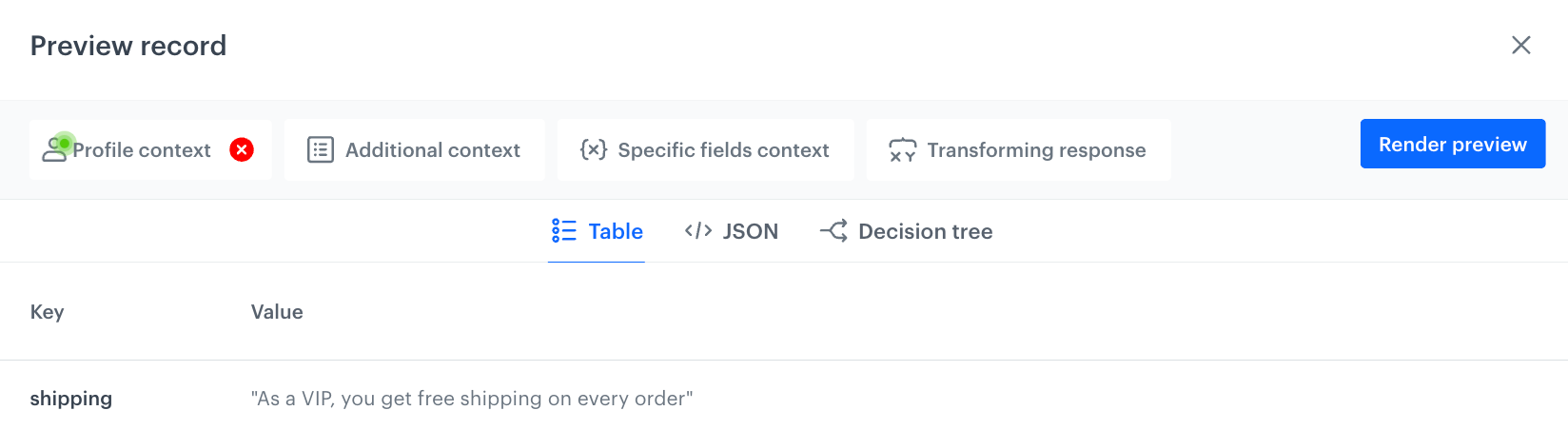 The Preview record window with a profile selected on the Profile context tab. The shipping field returns As a VIP, you get free shipping on every order
