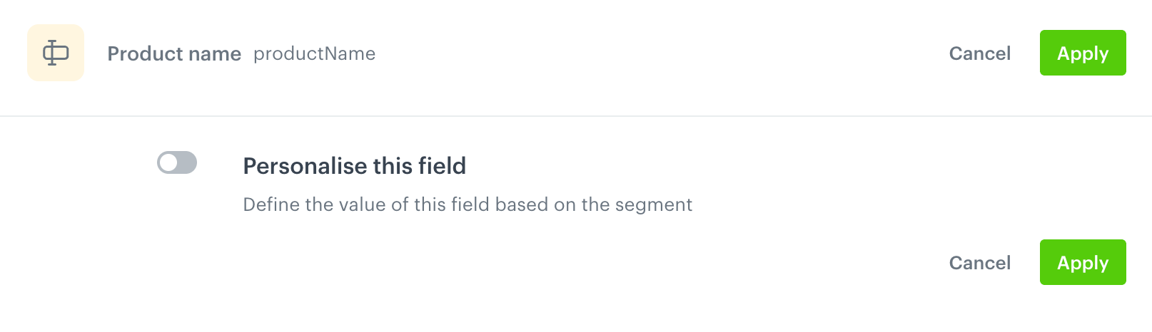The field editor for the Product name field, with the Personalize this field toggle turned off