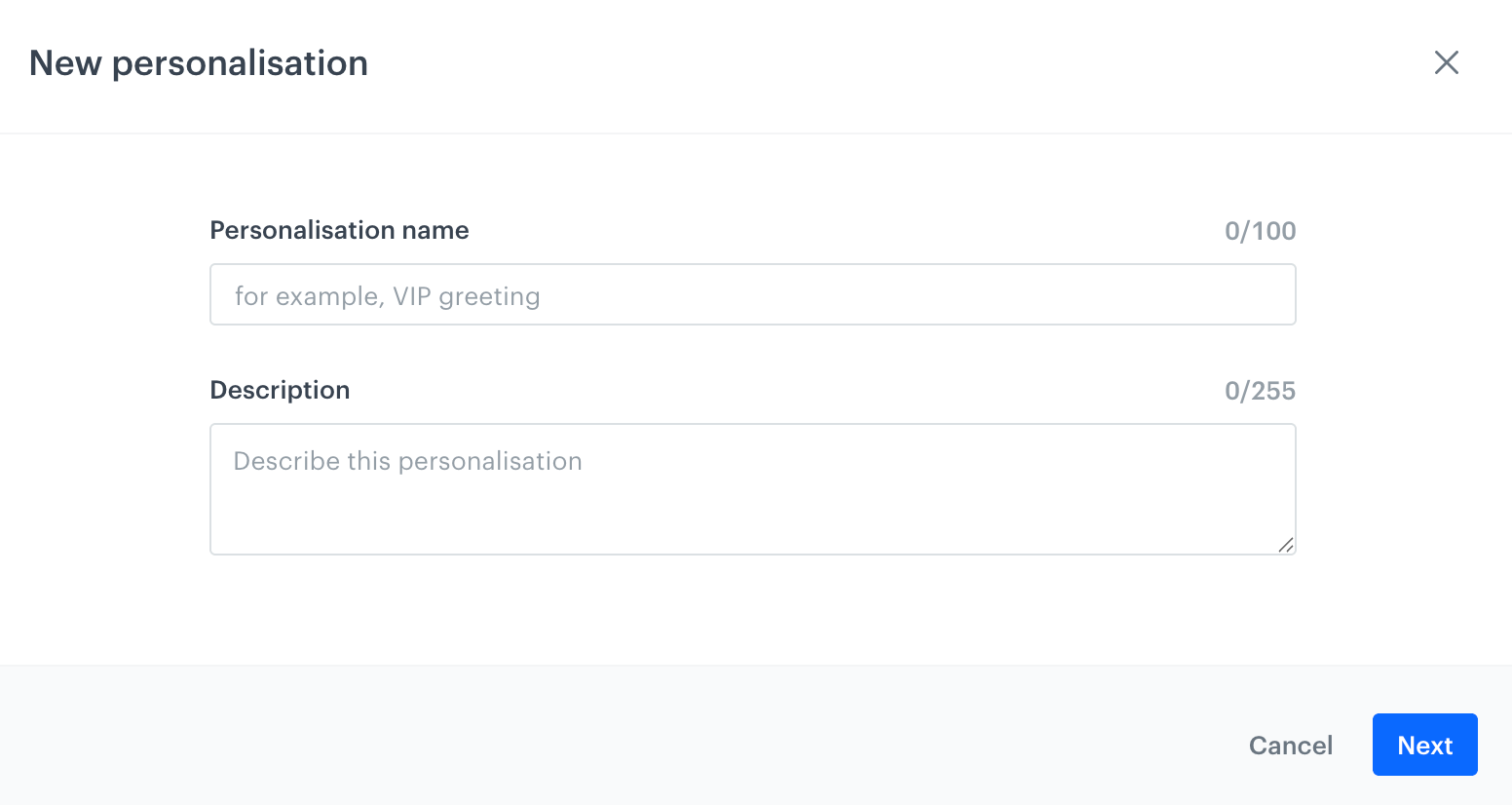 The Personalizations tab of a schema, showing an empty list and the Add personalizations button