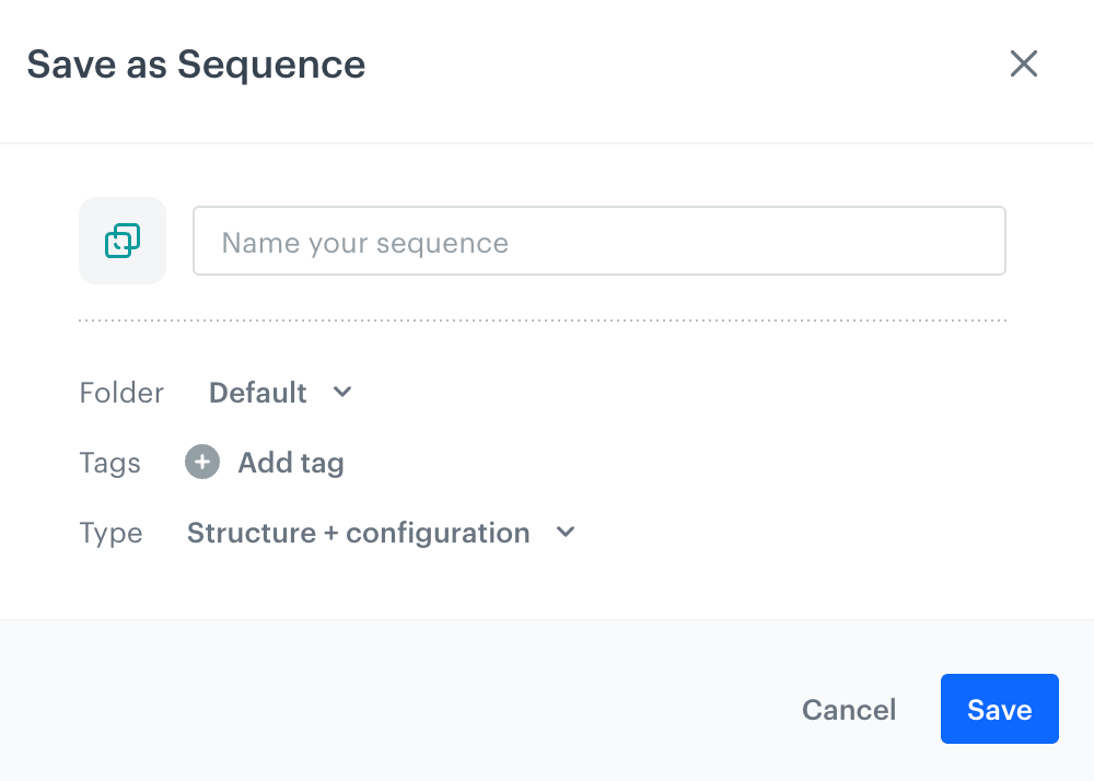 The Save as Sequence dialog with fields for name, folder, tags, and type