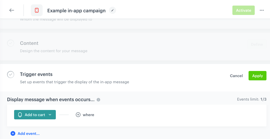 Selecting the trigger event in the in-app definition