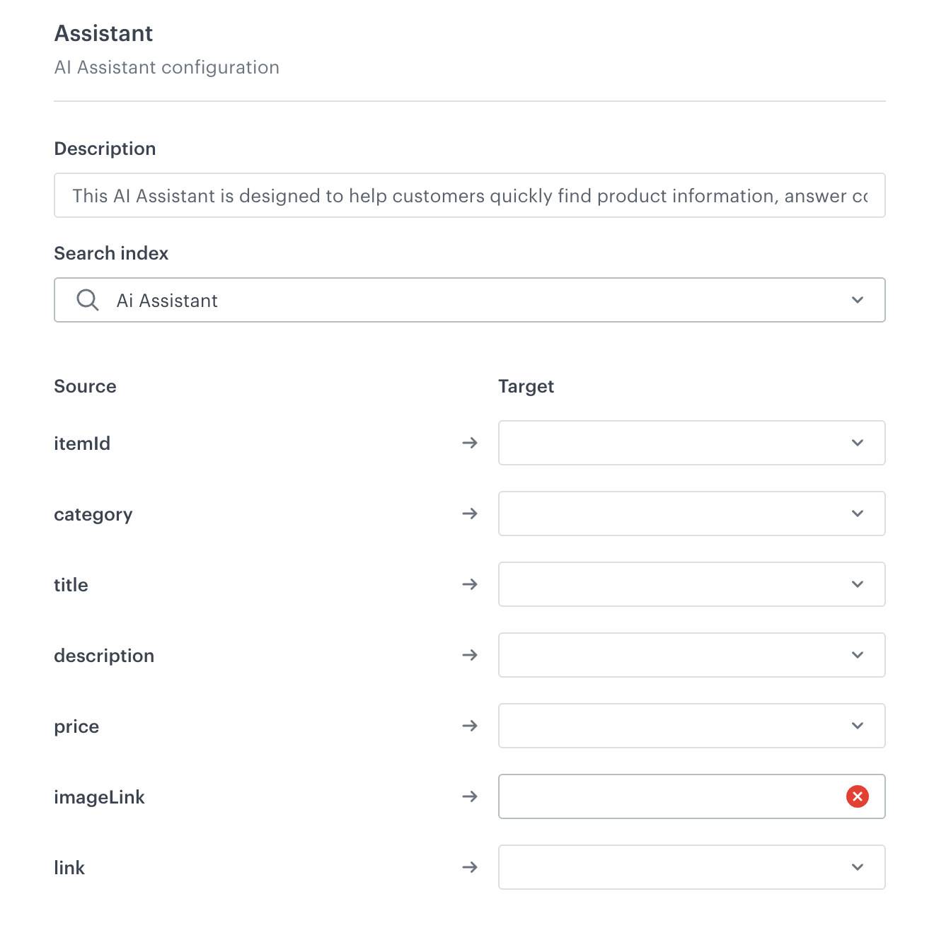 The Definition section before proper mapping of item attributes