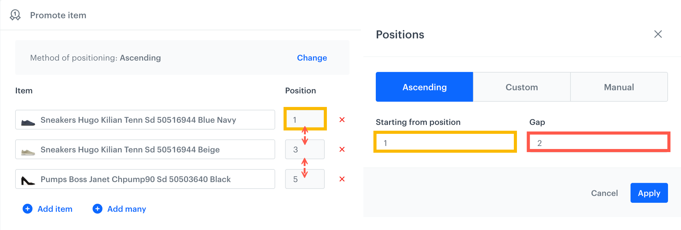 On the right side, you define starting position (values marked with a yellow rectangles on both screens) and the gap between positions (marked with a red rectangle and red arrows)