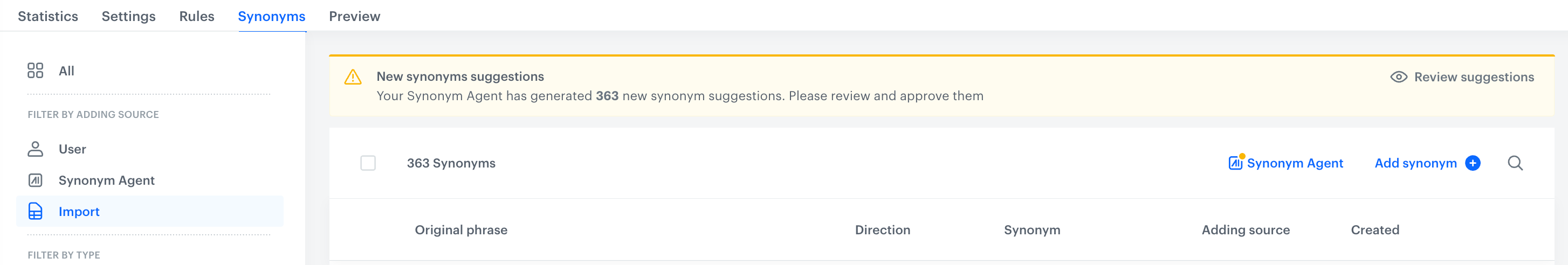 Synonyms tab with a notification banner informing that the Synonym Agent has generated new synonym suggestions and prompting to review and approve them