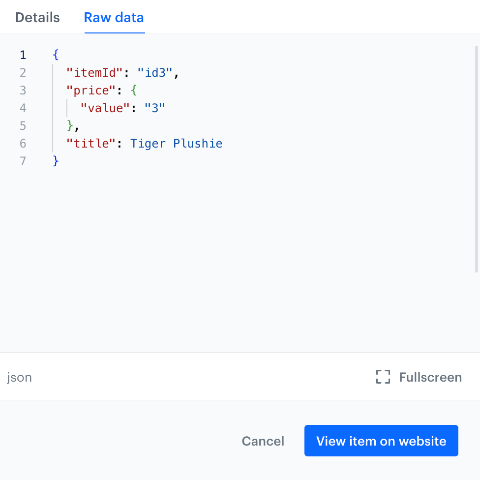 The Raw data presents information about an item sourced from the main feed