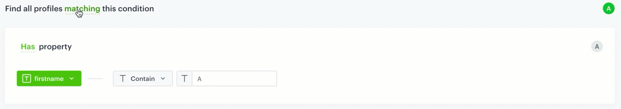 A segmentation includes customers whose first name doesn't contain `A` letter