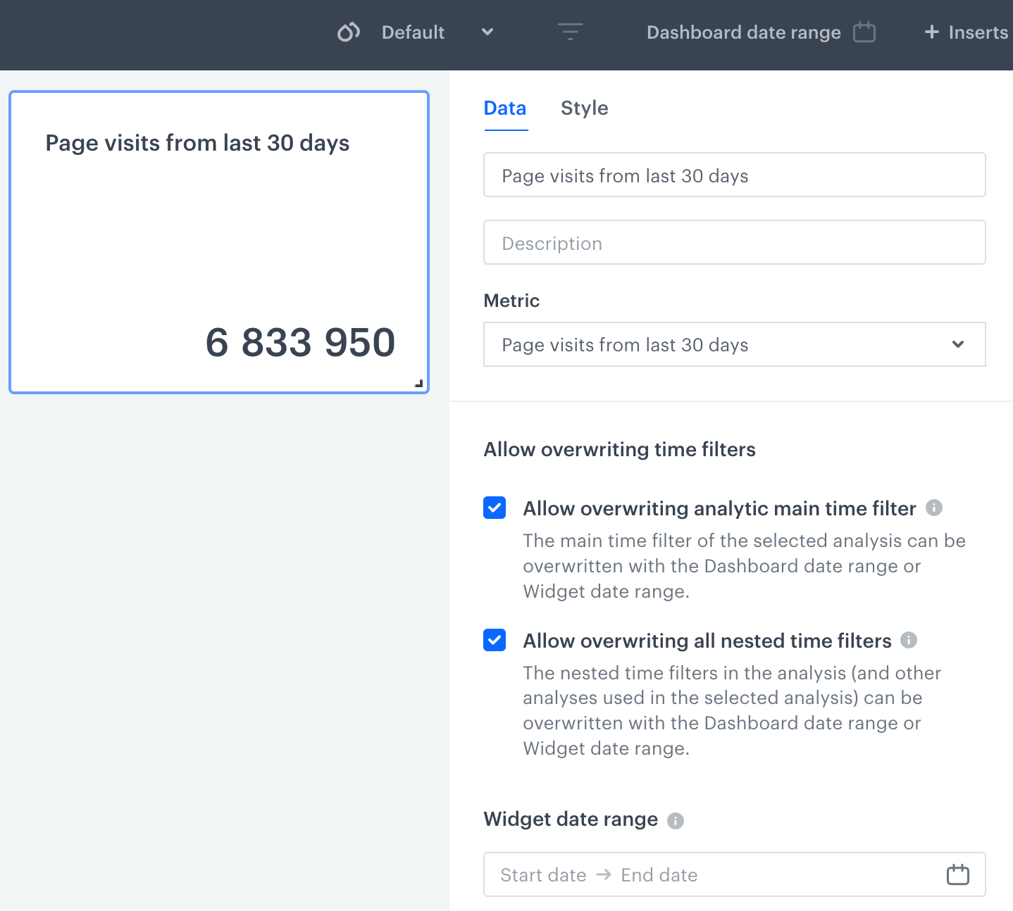 A metric added to the dashboard - main analysis filters are applied