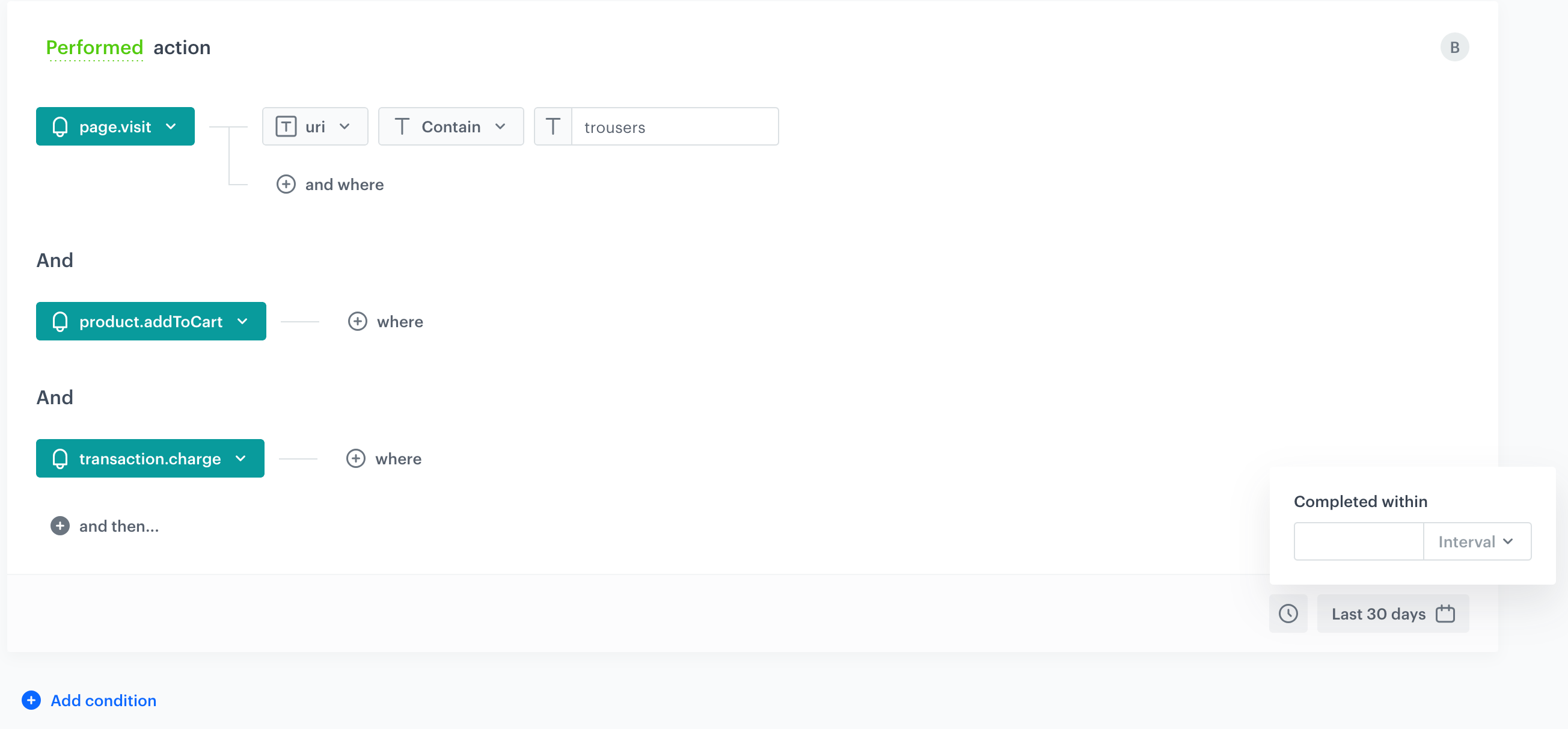 Including customers who visited website whose URL contained a word `trousers` and purchased any item in last 30 days