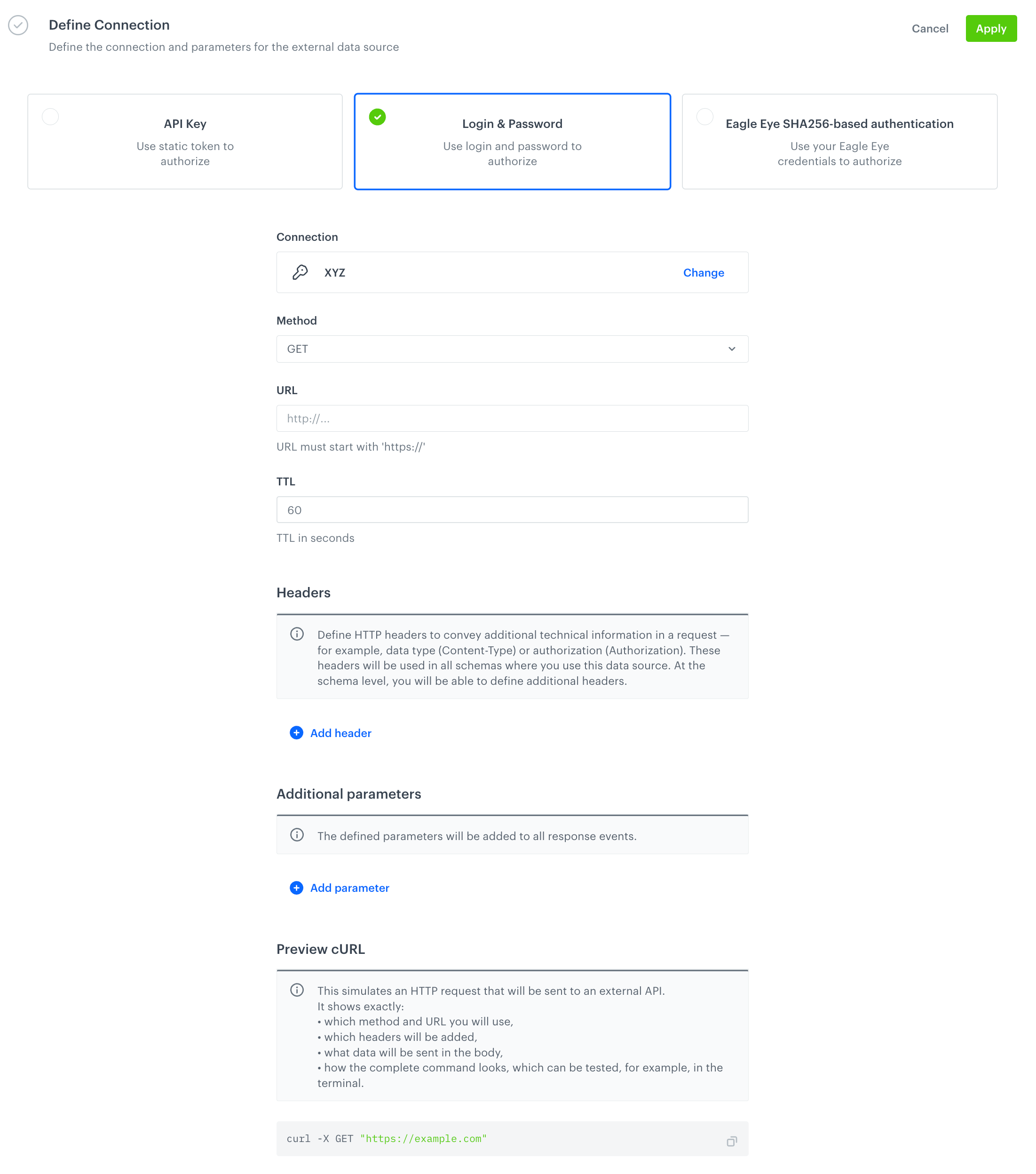An empty configuration form of an external source