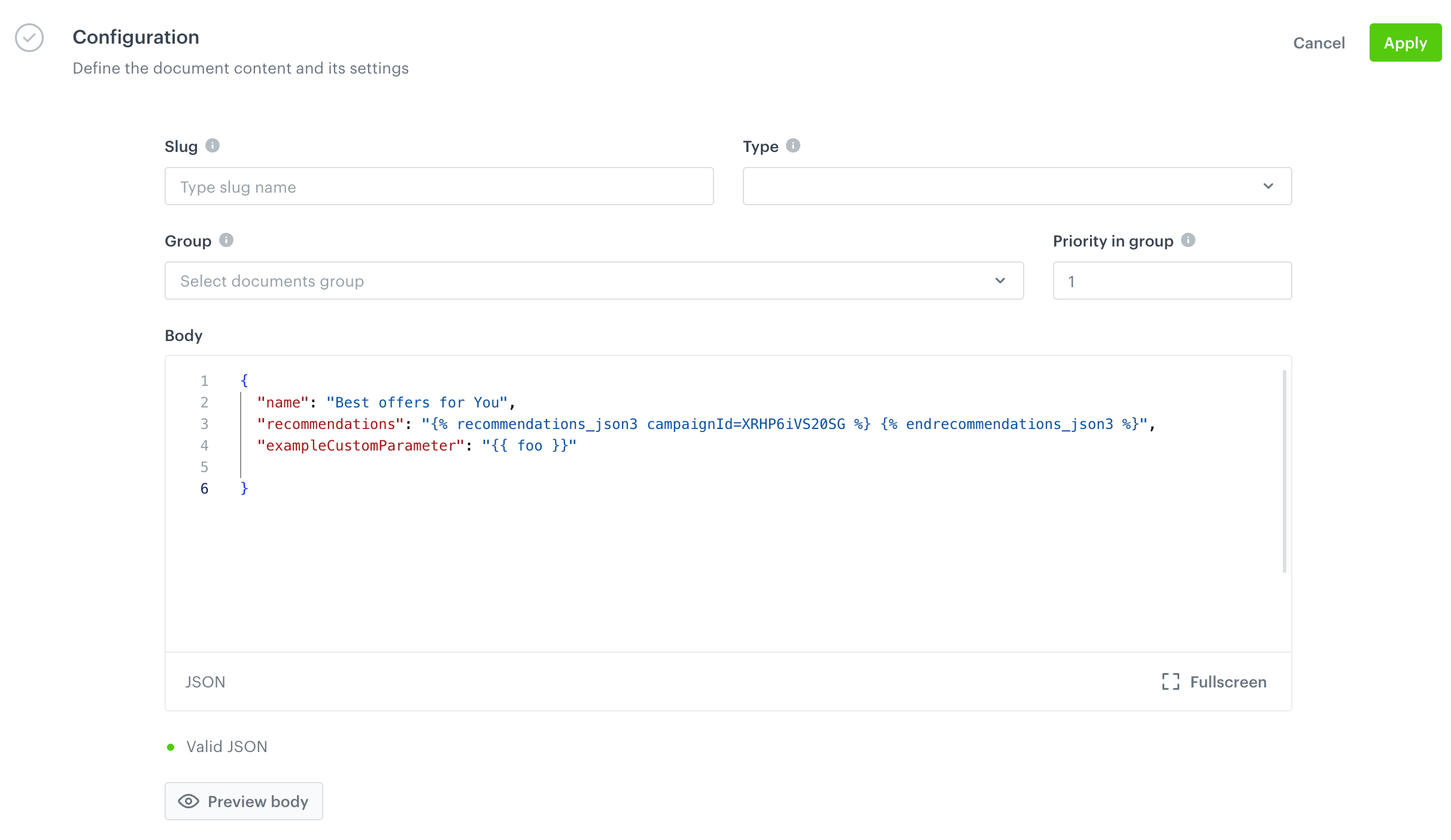 A blank configuration form of a document