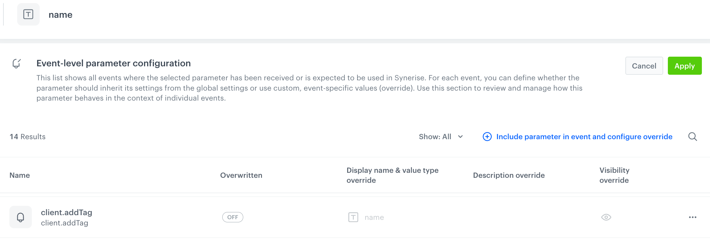 The Event-level parameter configuration section for the .directedBy event parameter with disabled overwriting