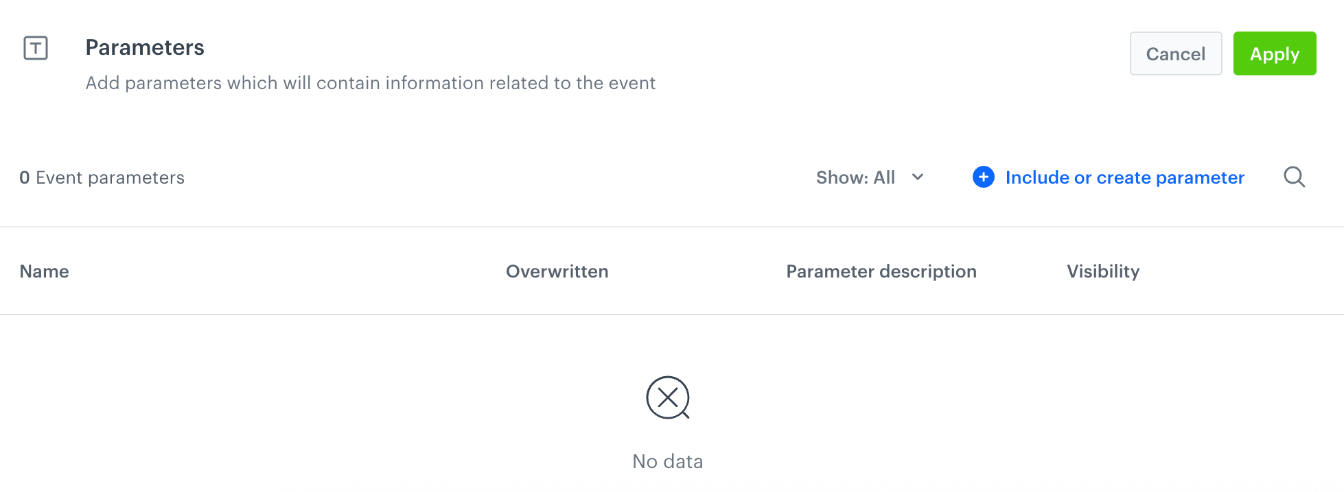 Unconfigured event parameters section in the settings of an event
