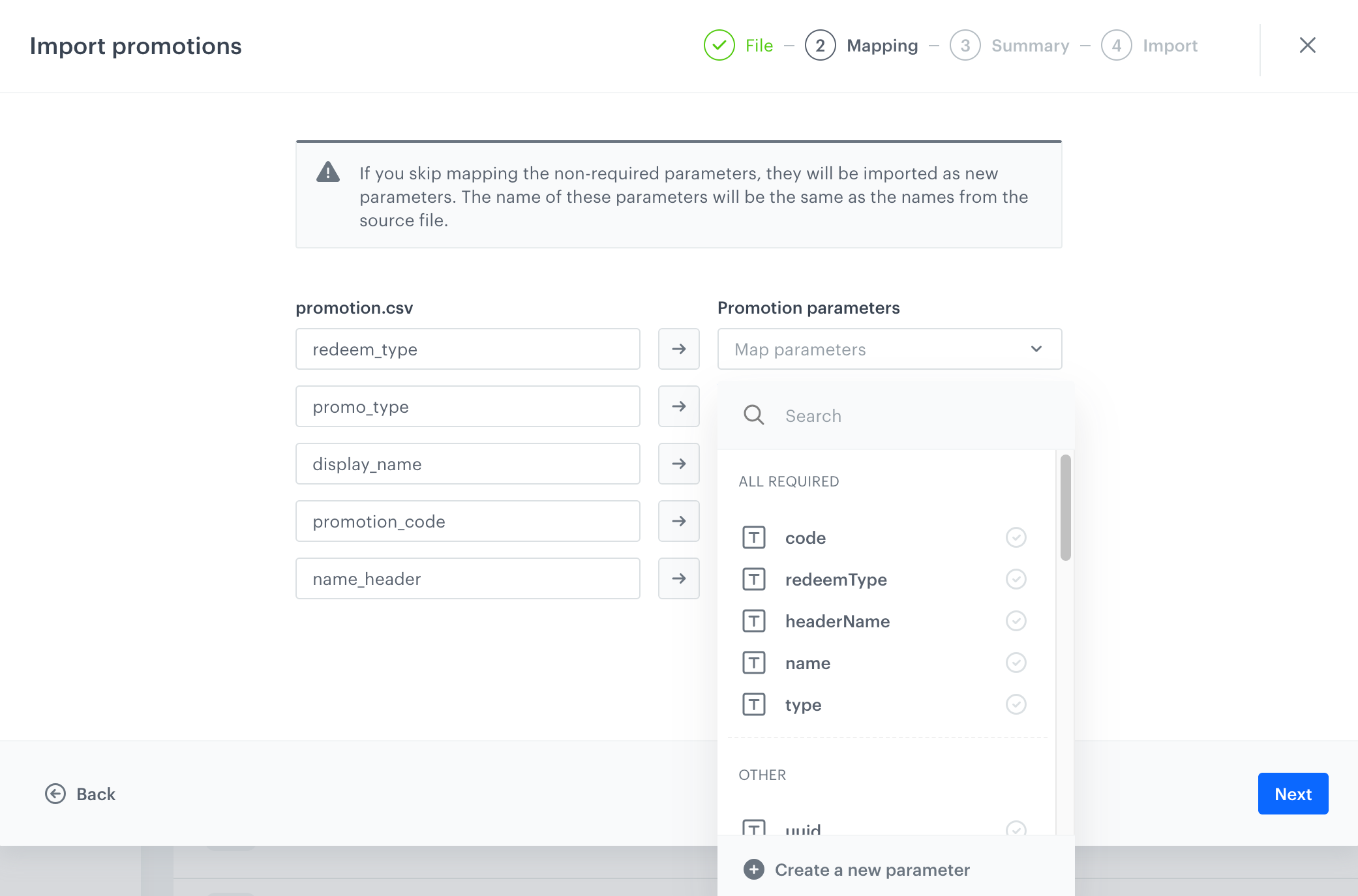 Mapping promotion parameters