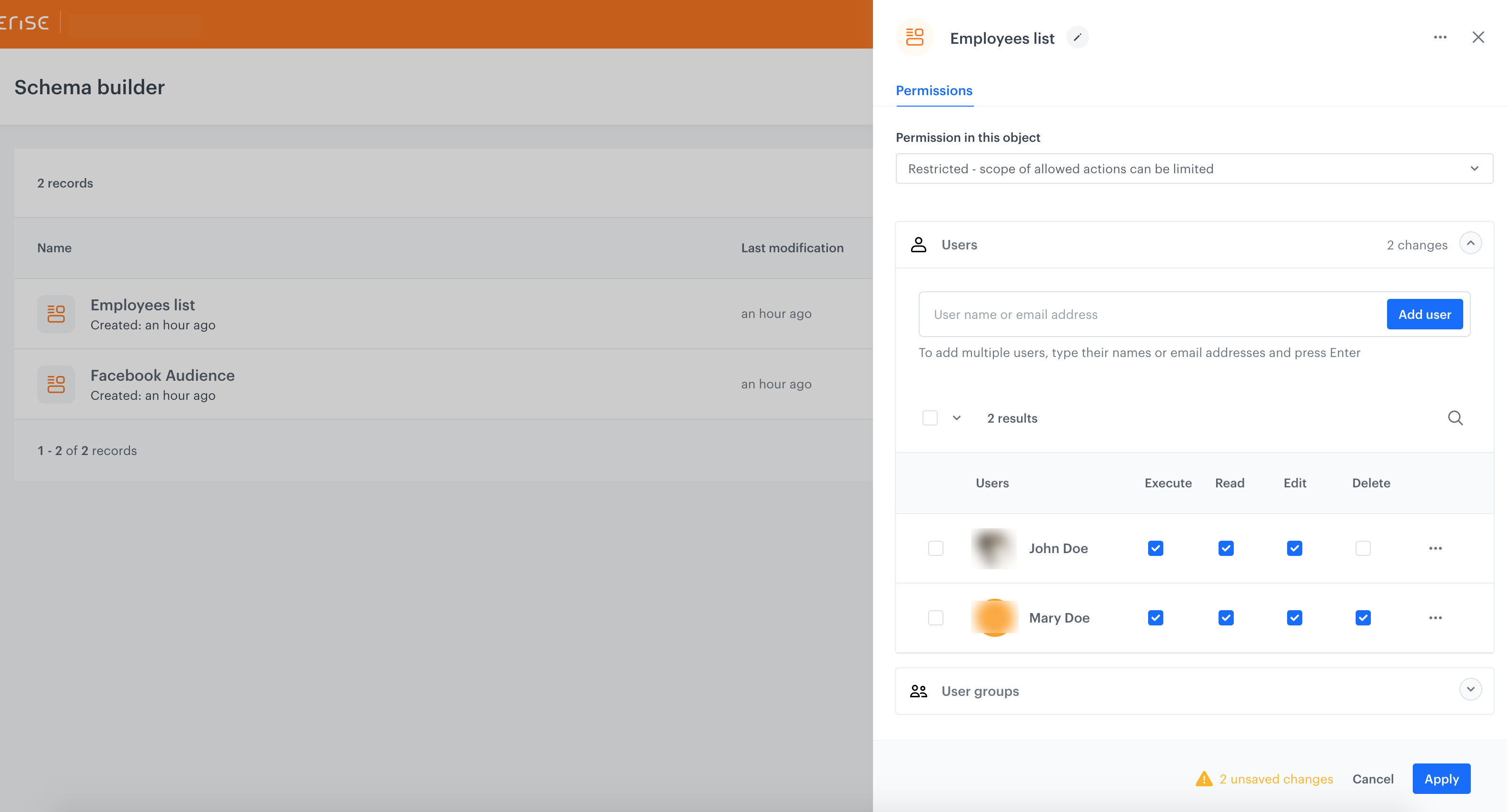 Assigning record permissions to a schema