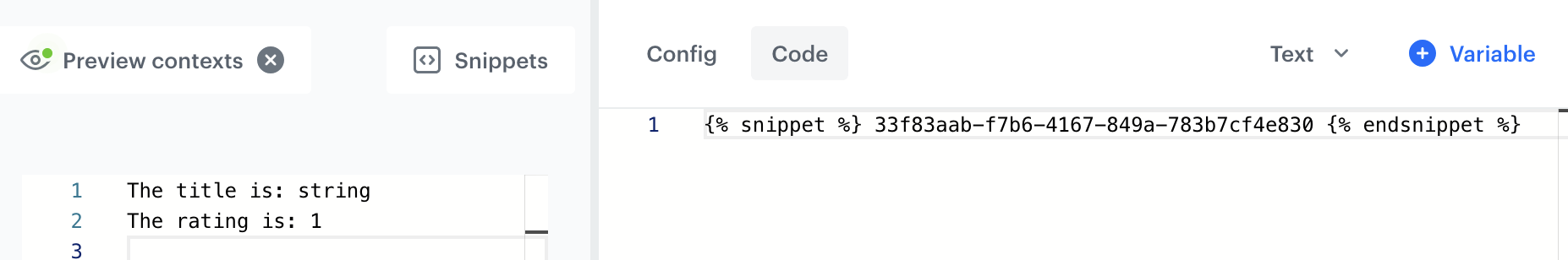 The snippet reference and a preview of its results (left pane)