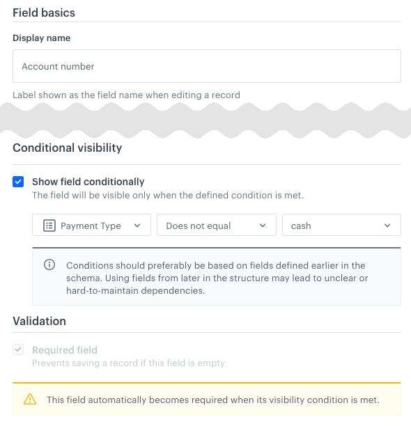 Conditional display example: the Account number field is only available (and must be filled) when the Payment Type field (enumeration) is not cash