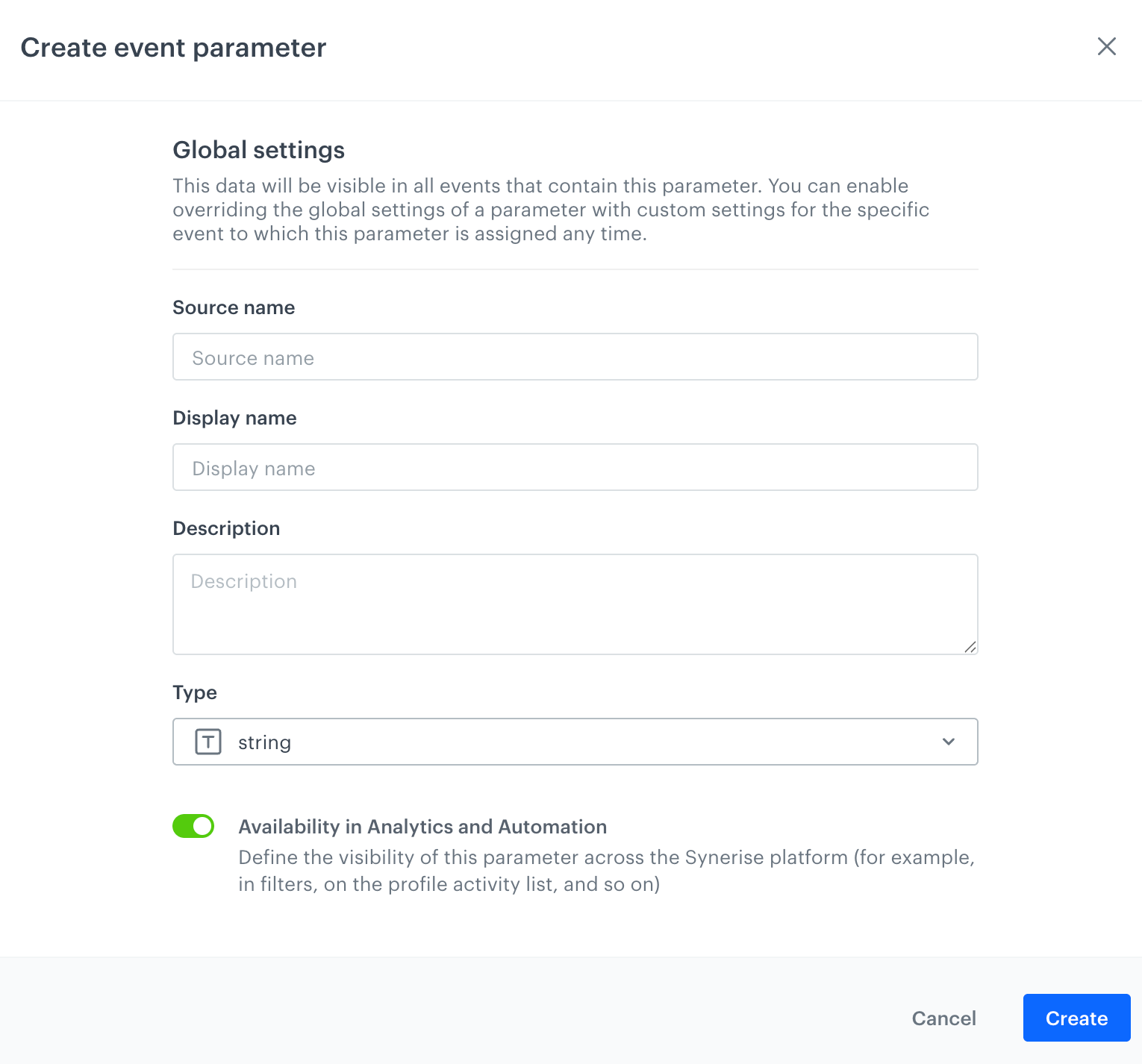 Form for creating event parameters