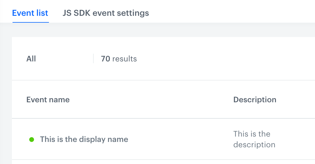 Display name and description from the Settings tab shown in the event definition list after saving the settings