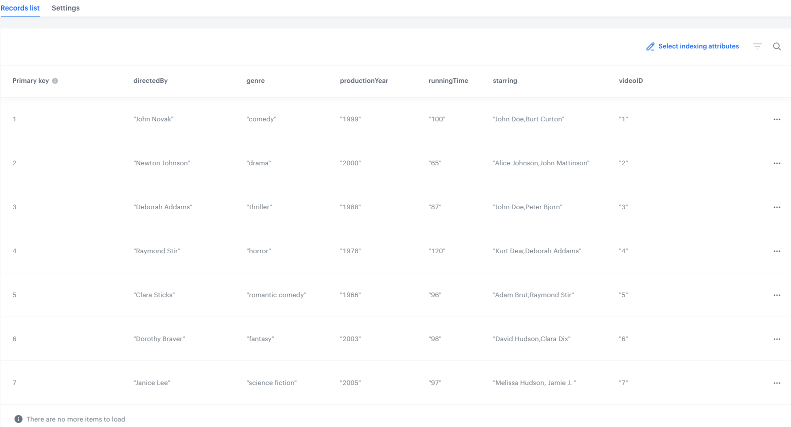 The example catalog with video information