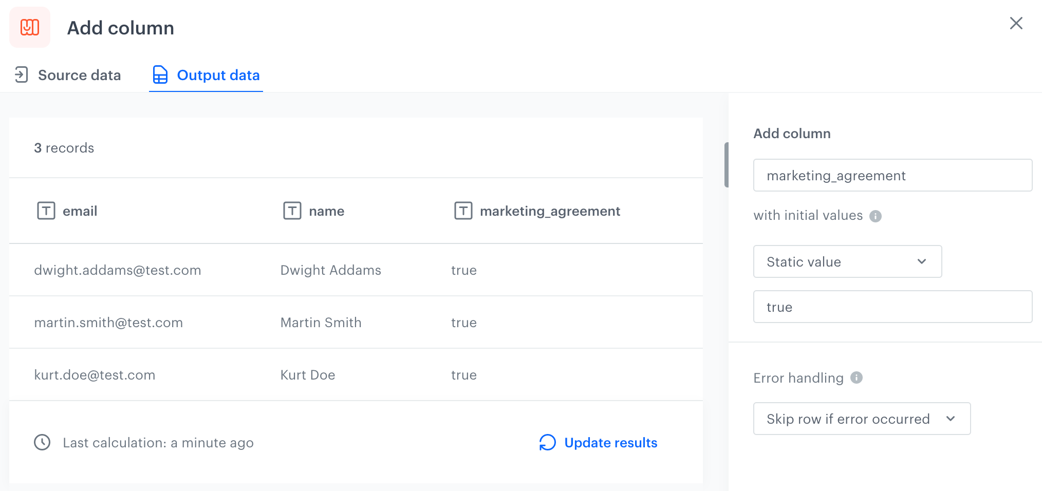 Configuration of the Add column node