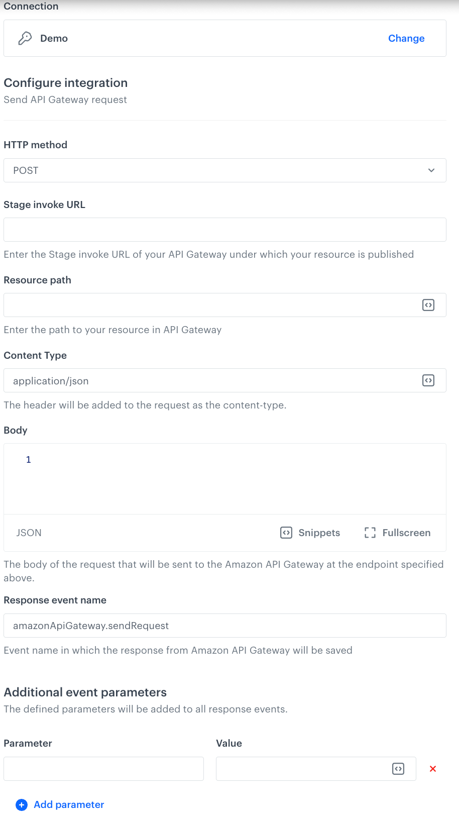 Blank configuration form of the Send request node