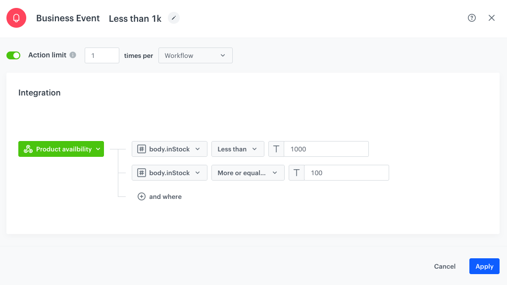 Configuration of the Business Event node
